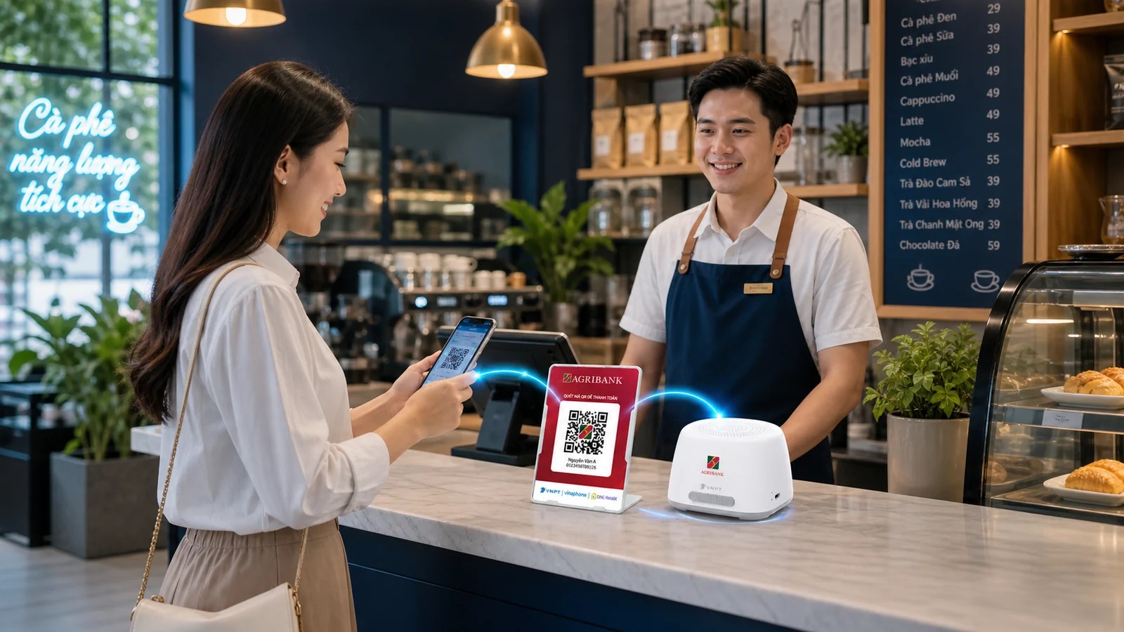 Khách hàng thanh toán QR tại quầy cà phê có Loa TingPay-VNPT